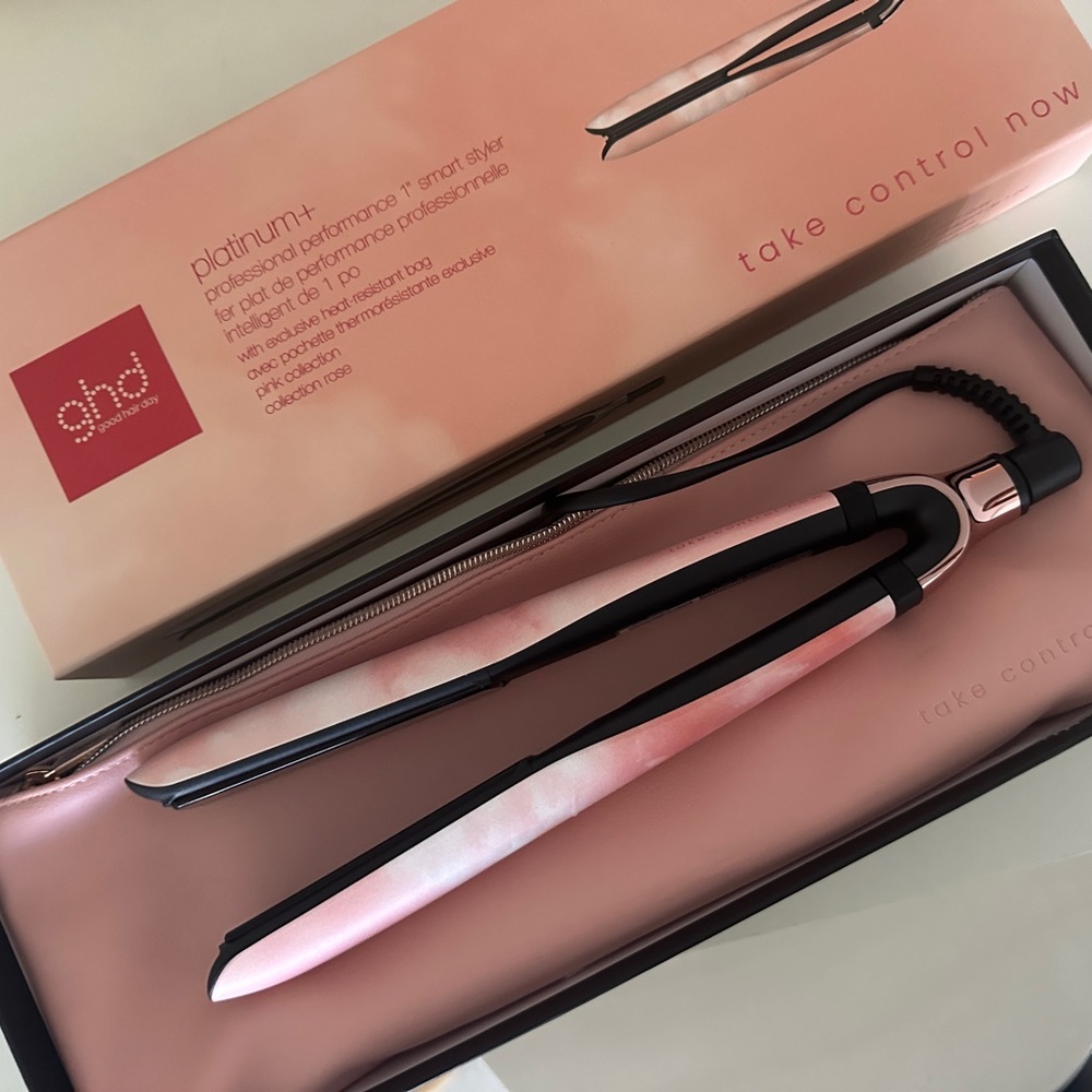 GHD Platinum + hair straightener in pink peach